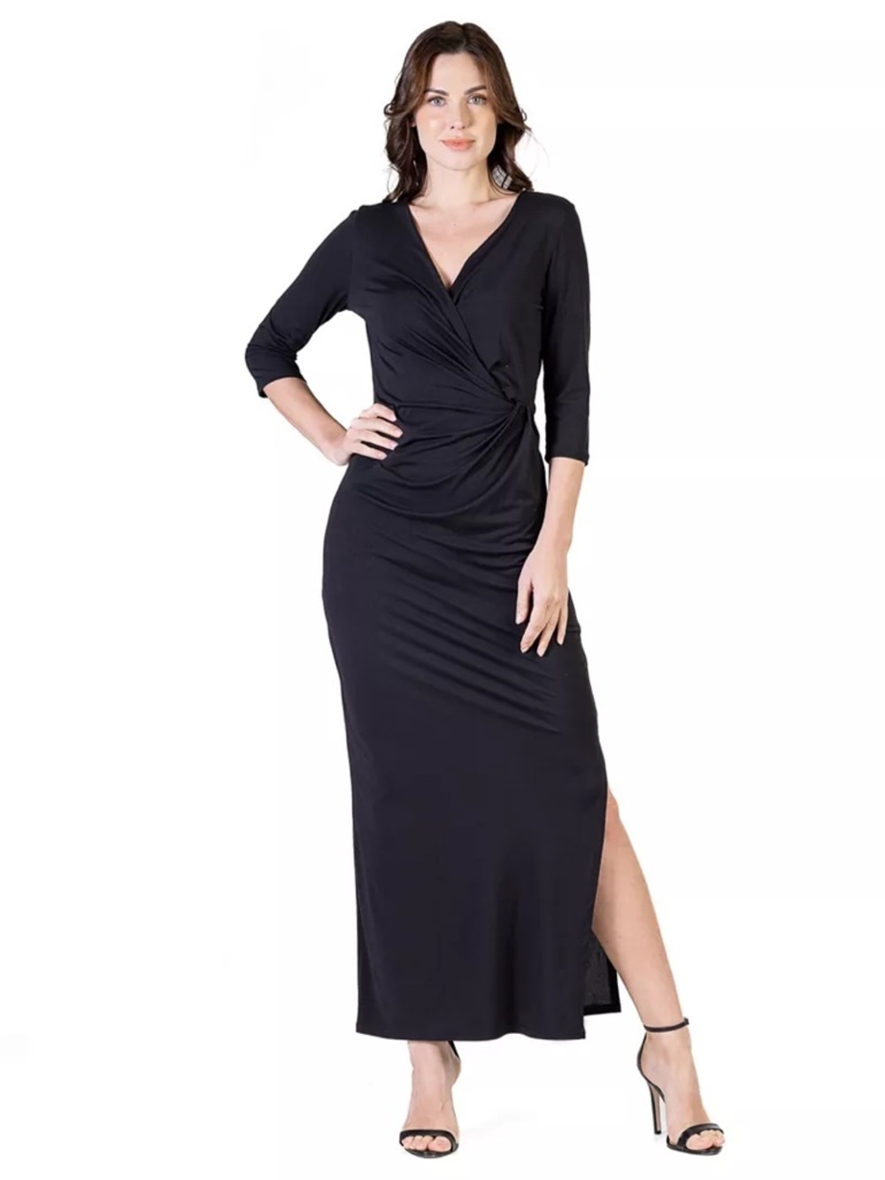 24seven Comfort Apparel Fitted V-Neck Side Slit Maxi Dress